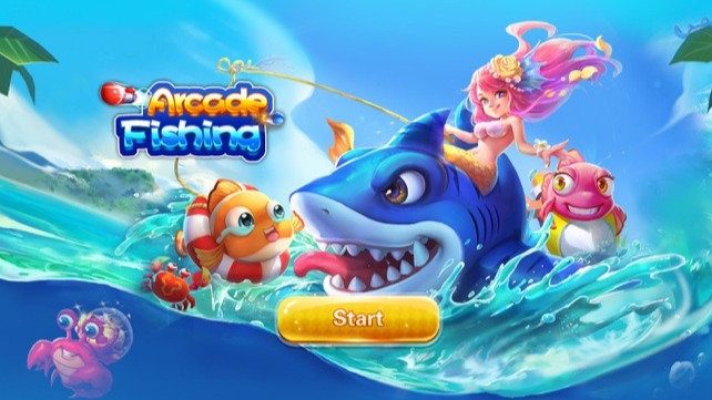 หน้าจอเกมยิงปลาที่มีสัตว์น้ำและเอฟเฟกต์การยิง